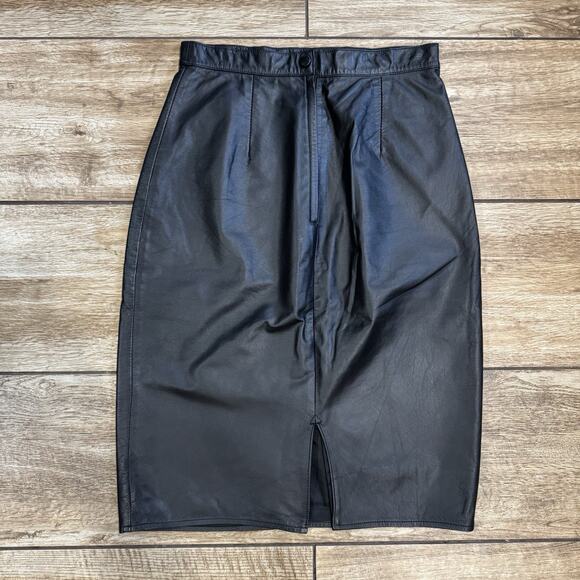 Black Leather Pencil Skirt Womens size 10 Lined Back Zipper & Slit - Picture 3 of 11